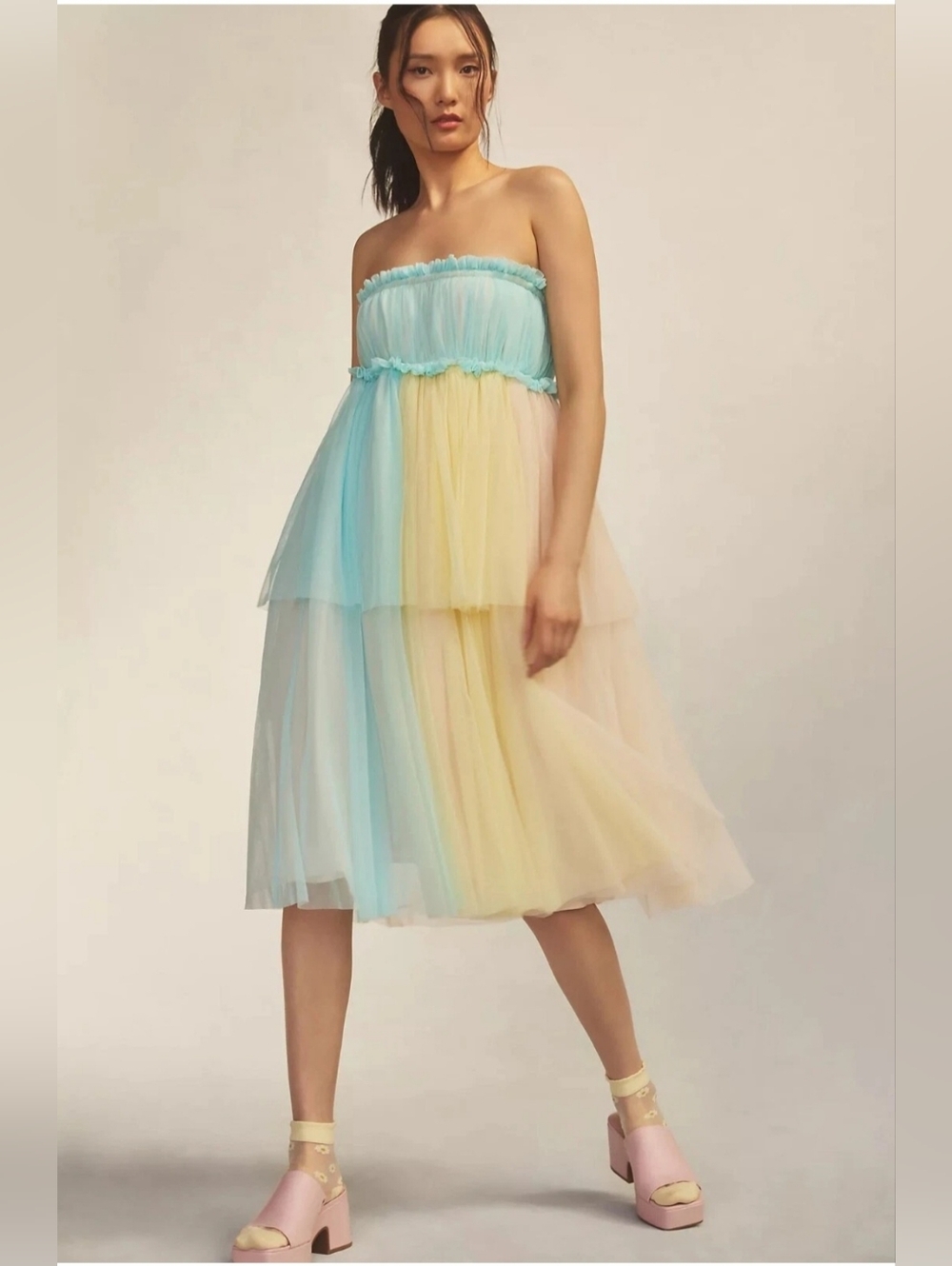 Anthropologie Strapless Pastel Tulle Midi Dress in Aqua, Yellow & Blush